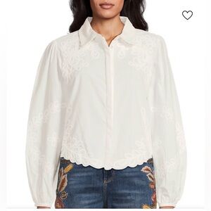DRIFTWOOD White Embroidered Ballon Sleeves Raised Rodeo Cotton Top Size L